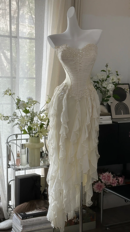Apricot white strapless, fitted waist, pleated, irregular long ball gown R7674