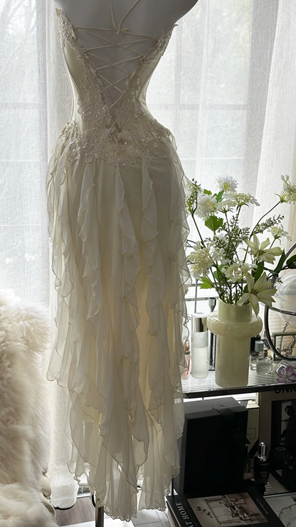 Apricot white strapless, fitted waist, pleated, irregular long ball gown R7674