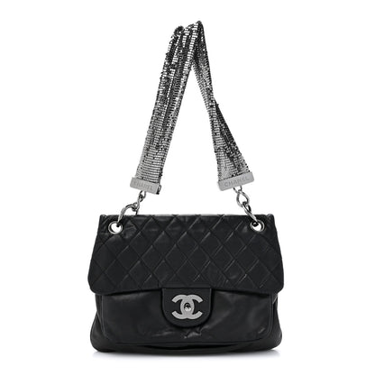 Lambskin Quilted Chain Mail Shoulder Bag Black