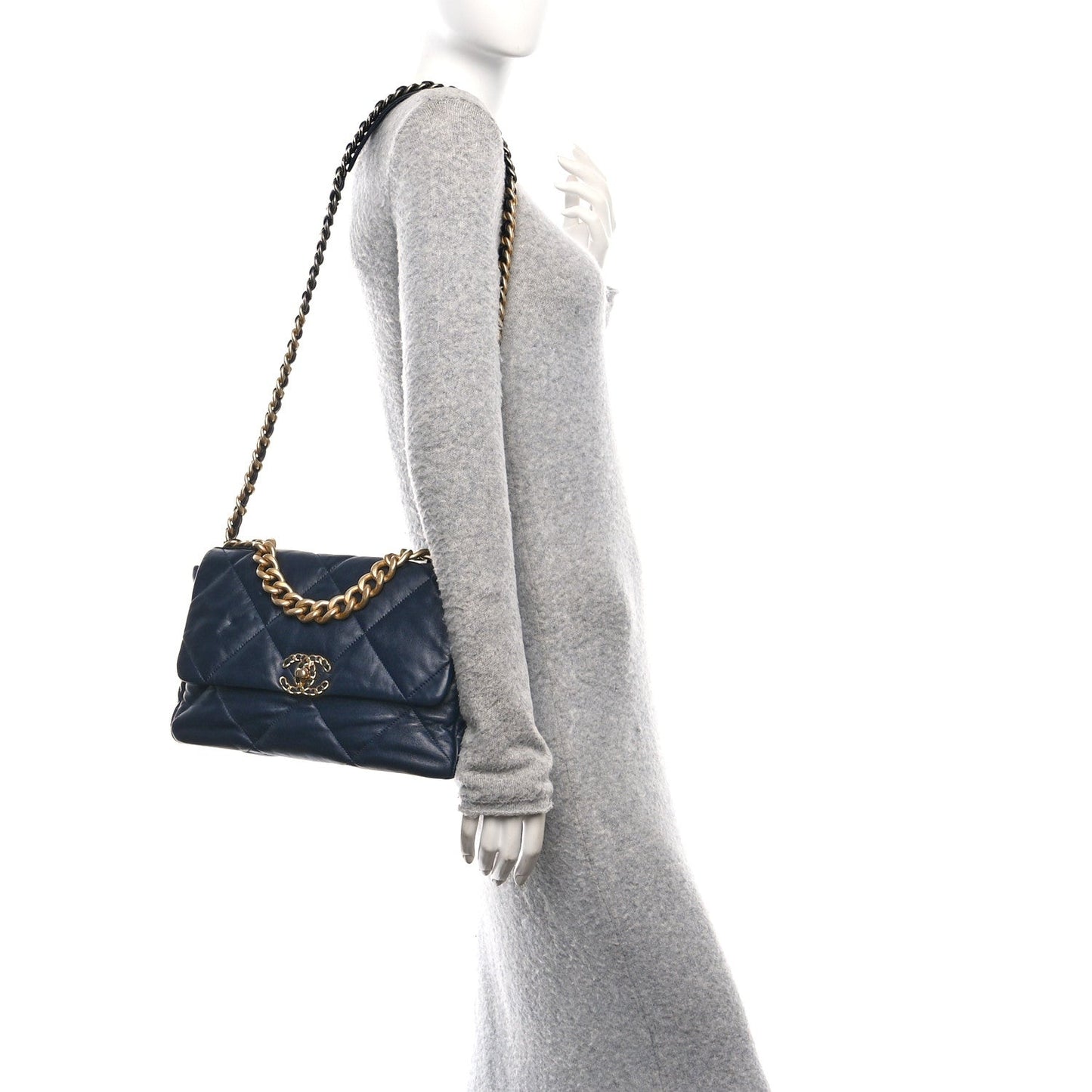 Lambskin Quilted Large Chanel 19 Flap Navy Blue