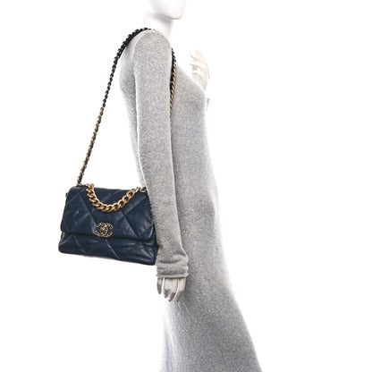 Lambskin Quilted Large Chanel 19 Flap Navy Blue