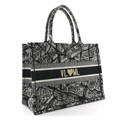 Canvas Embroidered Medium Plan De Paris Book Tote Black White