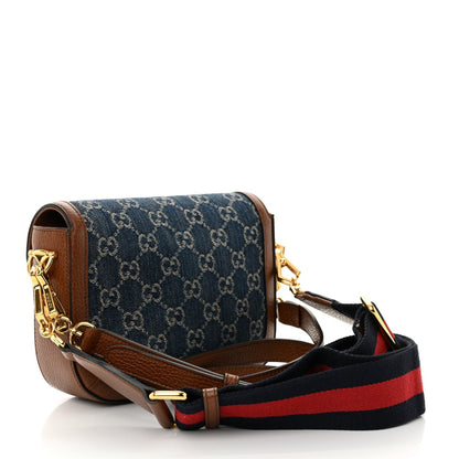 New Denim GG Monogram Dollar Calfskin Web Mini Horsebit 1955 Shoulder Bag Blue Tea Cuir Epilog