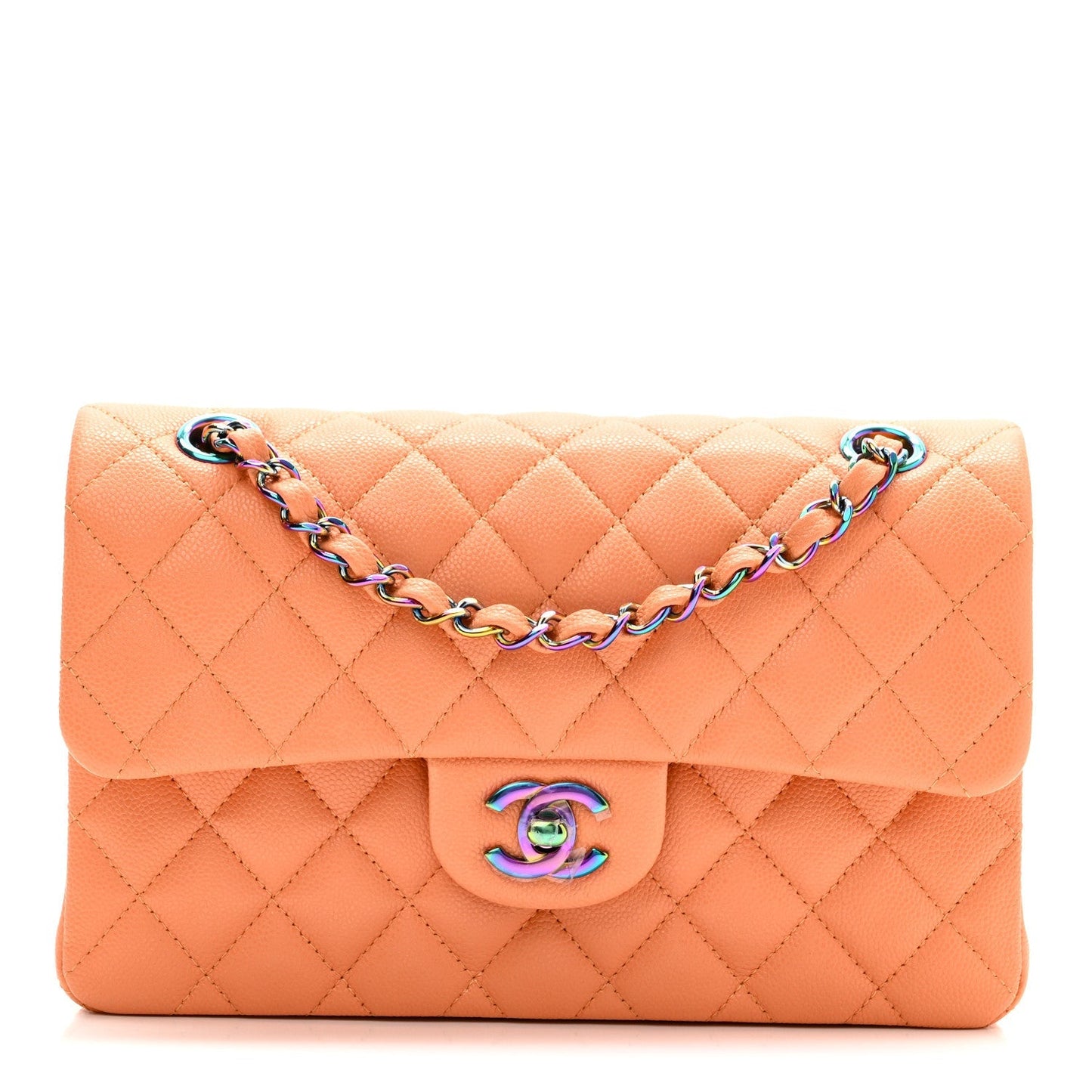 Caviar Quilted Rainbow CC Small Double Flap Orange