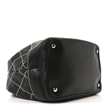 Calfskin Contrast Stitch Surpique Bucket Bag Black