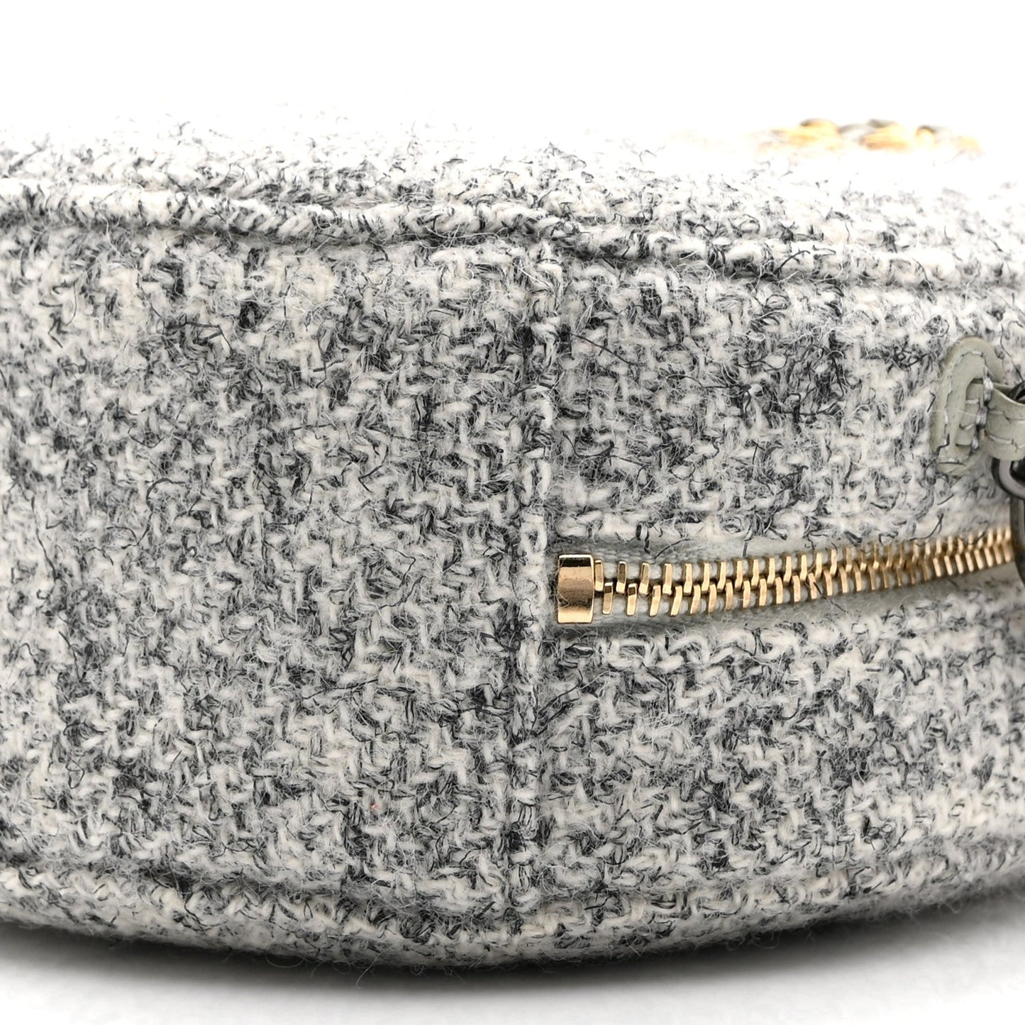 Wool Tweed Lambskin Quilted Chanel 19 Round Clutch With Chain Grey Ecru
