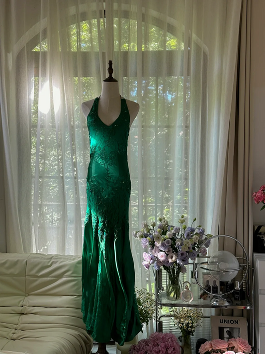 Green halter-neck, fitted waist, backless, sexy long ball gown R7789