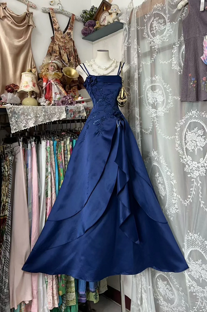 Dark blue halter-neck fitted A-line long ball gown R7594