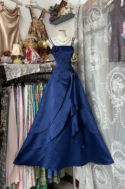 Dark blue halter-neck fitted A-line long ball gown R7594