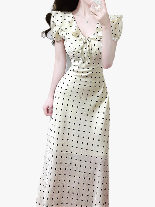2025 Summer New French Gentle Style Polka Dot Puff Sleeves Ruffled V-Neck Dress R0912
