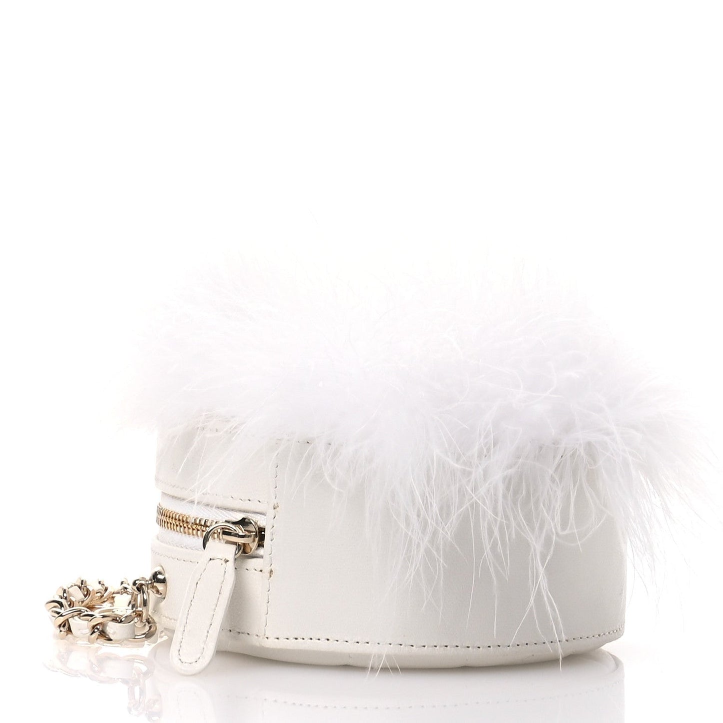 Lambskin Fur Quilted Round Clutch With Chain Ivory