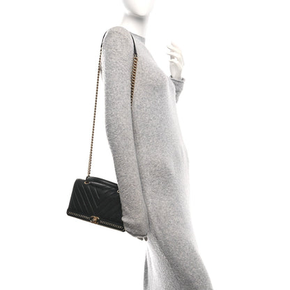 Sheepskin Chevron Stitched Chain Top Handle Flap Black