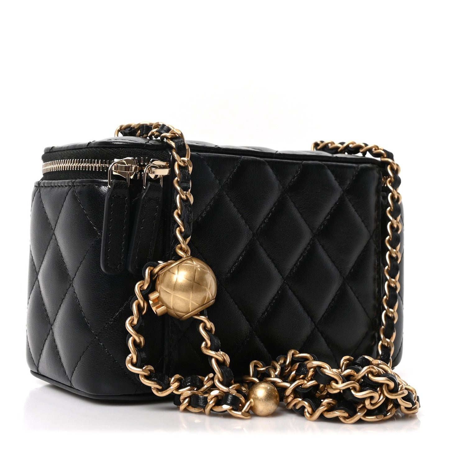 Lambskin Quilted Pearl Crush Small Vanity Case With Chain Black