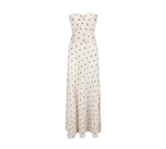 2025 new seaside holiday long dress French retro embroidery print tube top high waist dress backless R0138