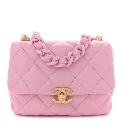 Lambskin Quilted Mini Lacquered Chain Flap Pink