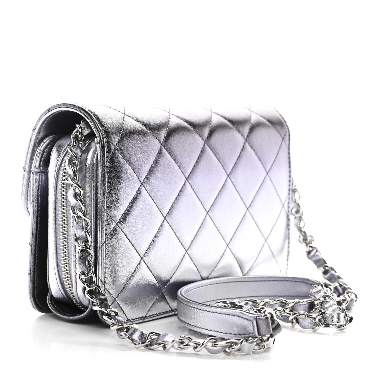 Metallic Lambskin Like A Wallet Flap Silvery Black