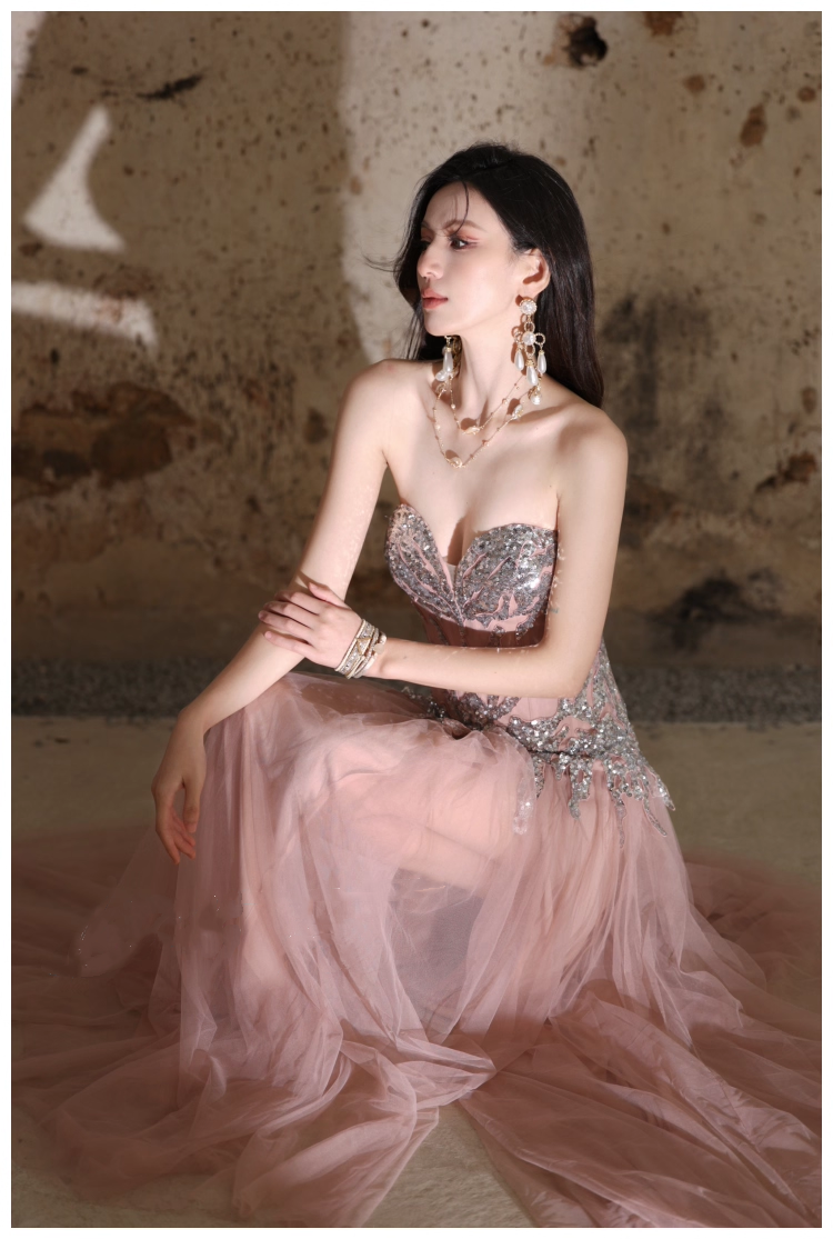 Pretty Pink Sweetheart Neck Tulle Sequin A Line Slit Long Evening Dress Party Gown