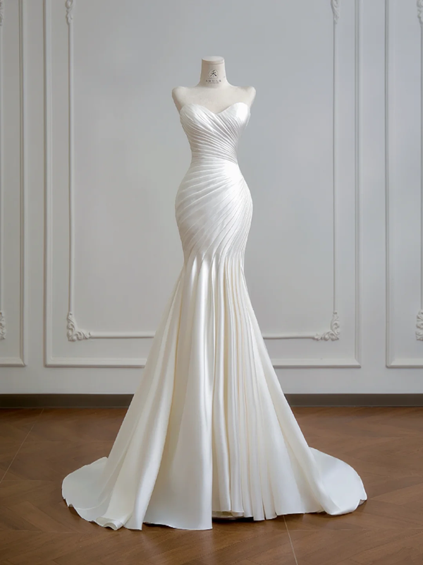 White strapless, fitted, pleated, long fishtail ball gown R8162