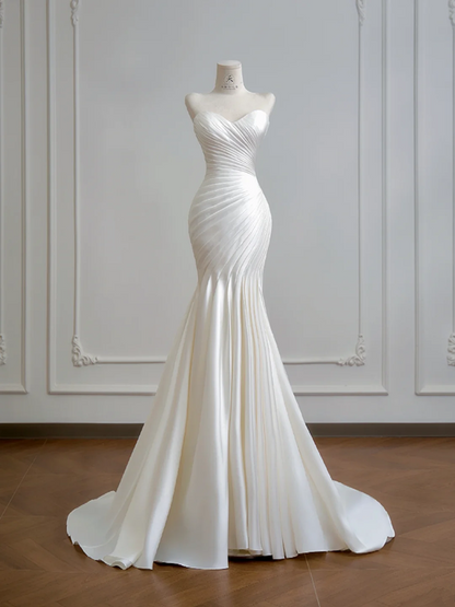 White strapless, fitted, pleated, long fishtail ball gown R8162