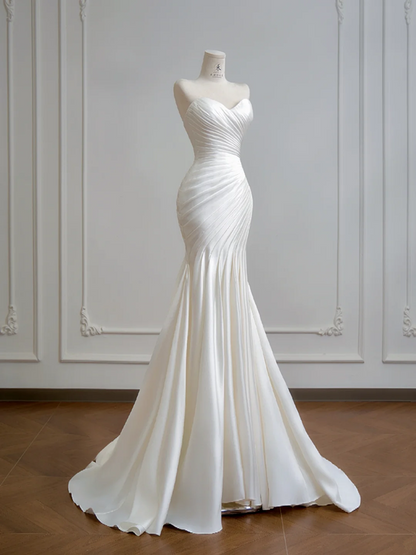 White strapless, fitted, pleated, long fishtail ball gown R8162