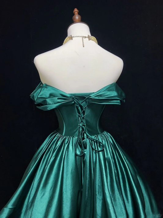 Green one-shoulder satin waist slim fit puffy princess dress homecoming dress R4956