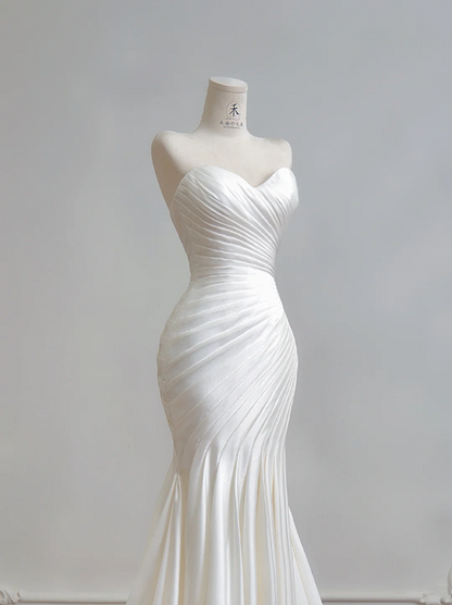 White strapless, fitted, pleated, long fishtail ball gown R8162