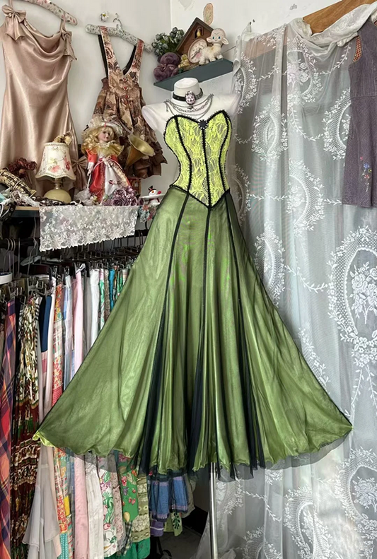 Green strapless fitted waist long ball gown with a full skirt R8114