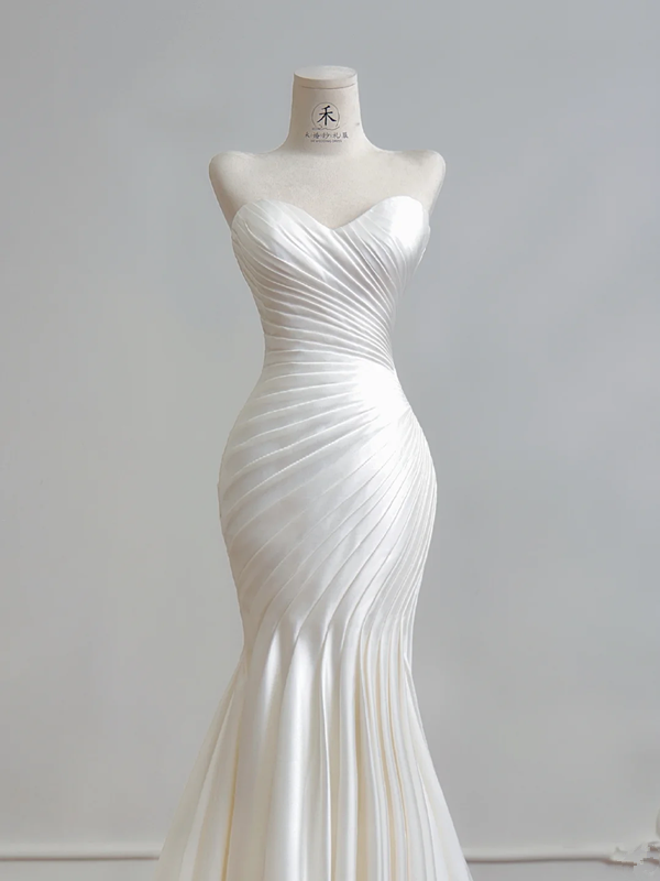 White strapless, fitted, pleated, long fishtail ball gown R8162