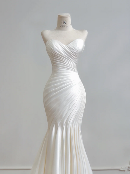White strapless, fitted, pleated, long fishtail ball gown R8162