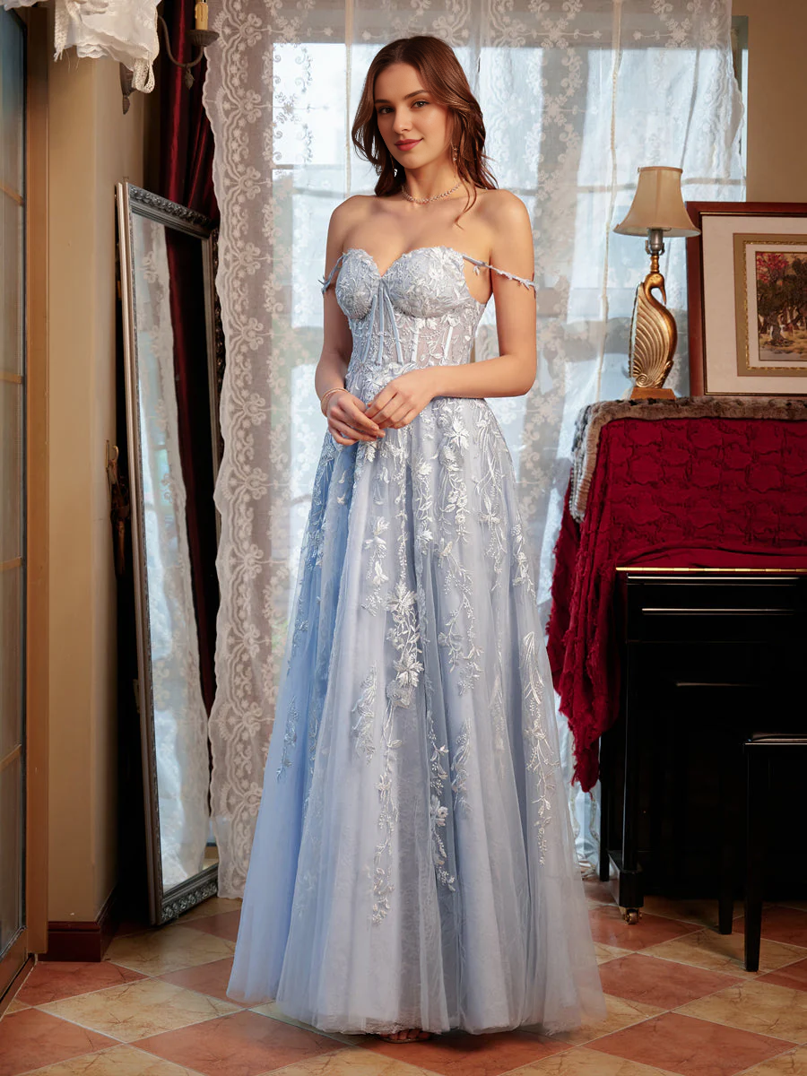 A-shaped princess sweetheart applique chiffon long ball dress