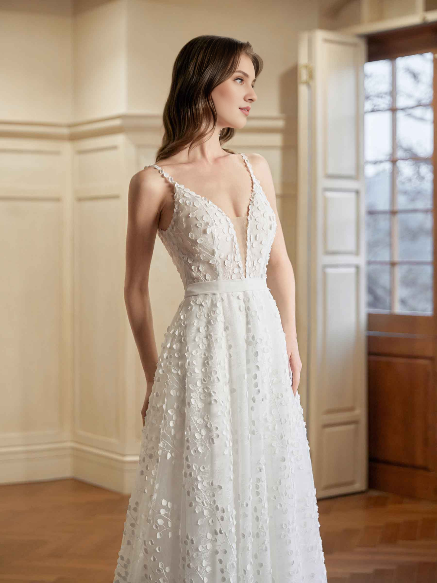 Grey white A-line thin shoulder strap V-neck extra long lace wedding dress