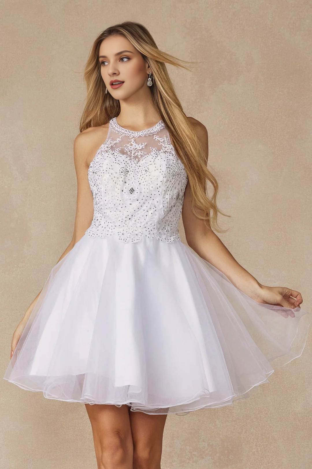 Lace applique short illusion hanging neck dress
