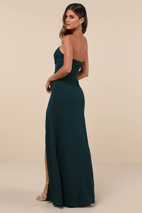 V collar off shoulder sleeveless strapless backless slit and floor length Prom dress