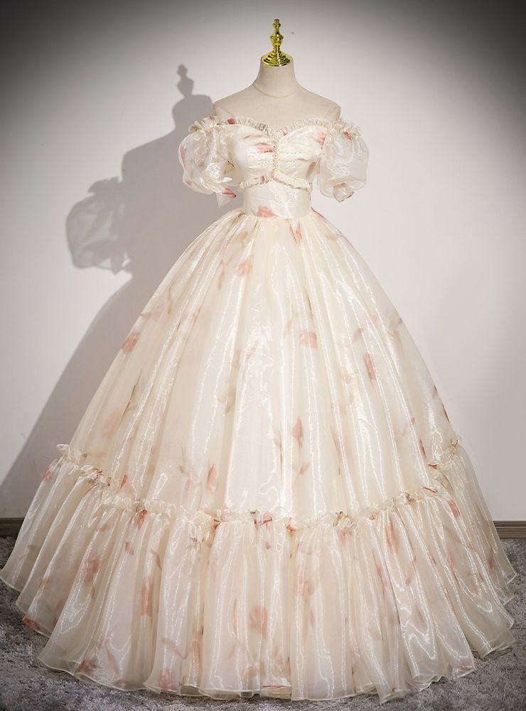 Cute Off The Shoulder Tulle Print Floral Ball Gown,Formal Prom Dress Evening Dress Y8365