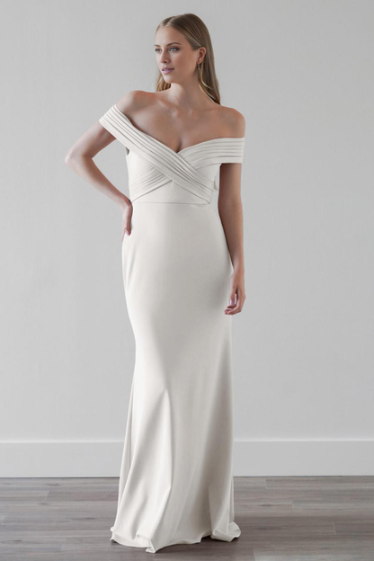 off shoulder collar pleated backless and floor length evening dress