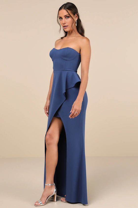 off shoulder collar sleeveless strapless backless side slit and floor length evening dress