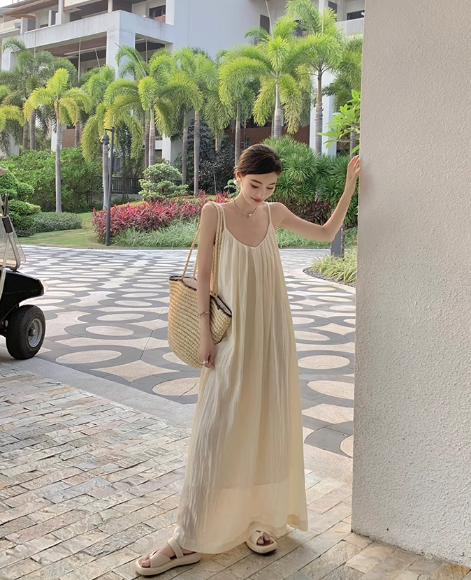 Beach vacation dress travel wear loose backless long suspender dress R0197