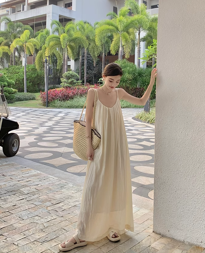 Beach vacation dress travel wear loose backless long suspender dress R0197