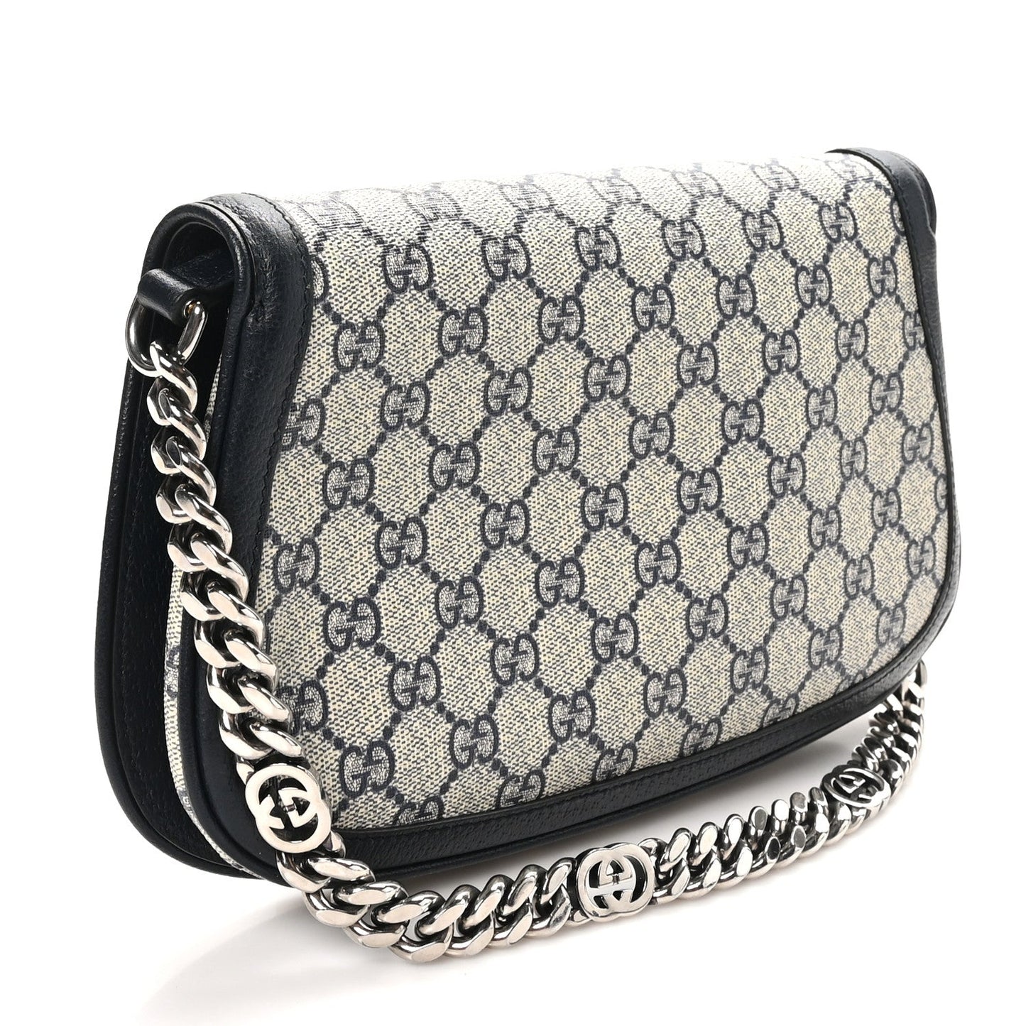 GG Supreme Monogram Textured Dollar Calfskin Blondie Chain Shoulder Flap Bag Beige Blue