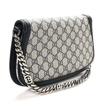 GG Supreme Monogram Textured Dollar Calfskin Blondie Chain Shoulder Flap Bag Beige Blue