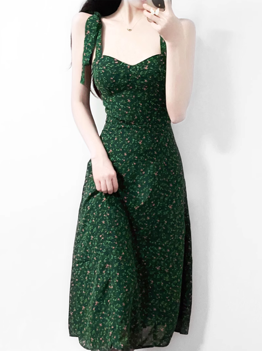 2025 Summer New Green Retro Platycodon Floral Waist Long Suspender Dress R0915