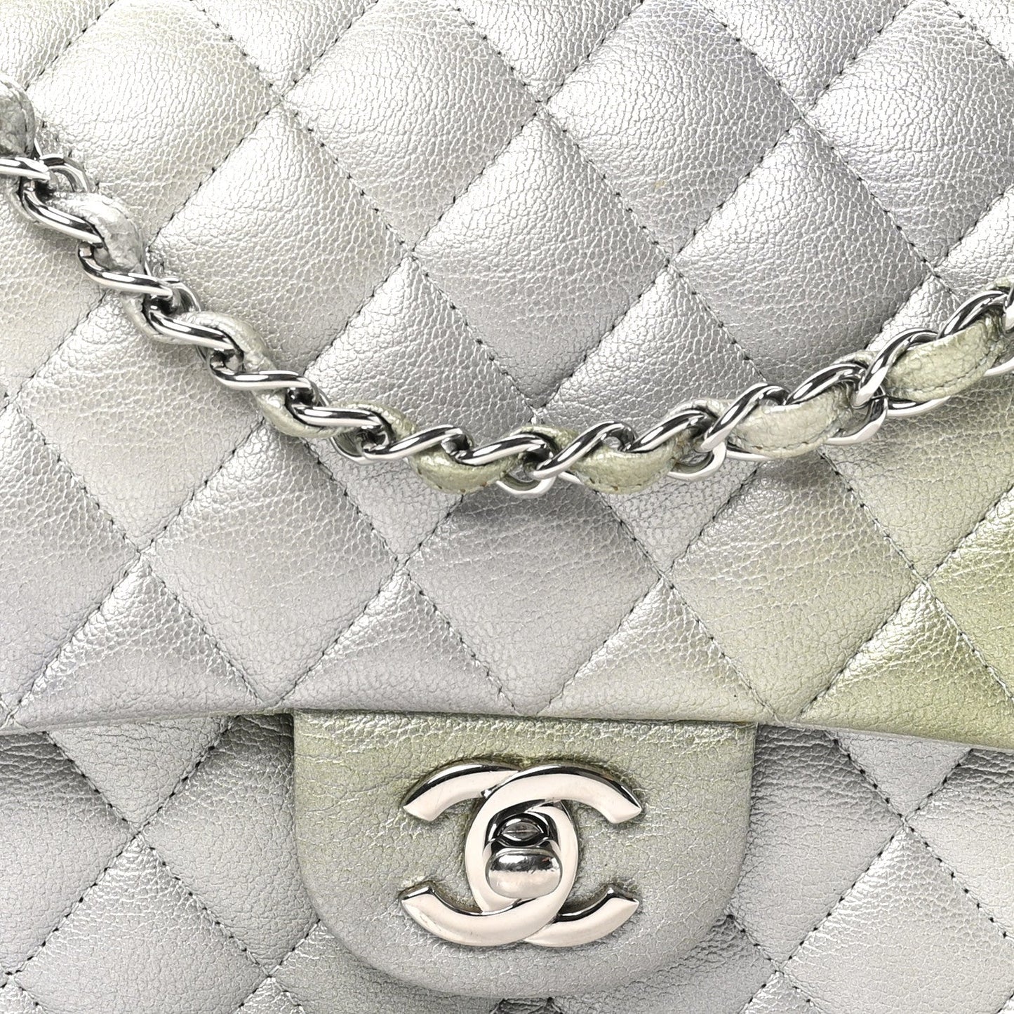 Metallic Goatskin Quilted Ombre Medium Double Flap Grey Green