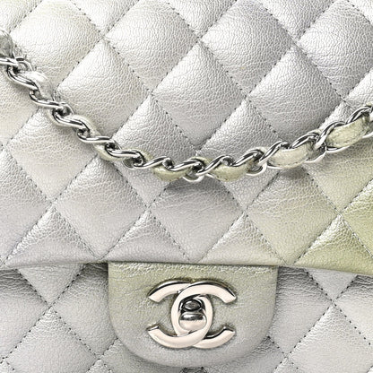 Metallic Goatskin Quilted Ombre Medium Double Flap Grey Green