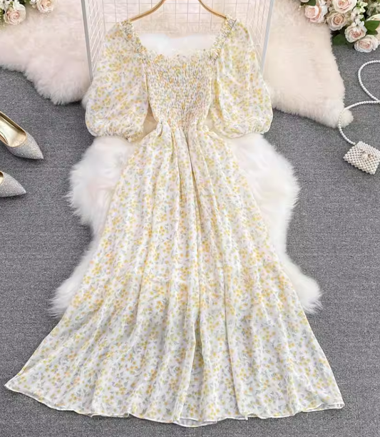2025 new first love skirt square neck floral chiffon skirt tea break forest platycodon skirt a-line dress R0339