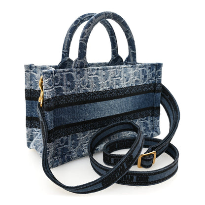 Denim Oblique Mini Book Tote With Strap Blue