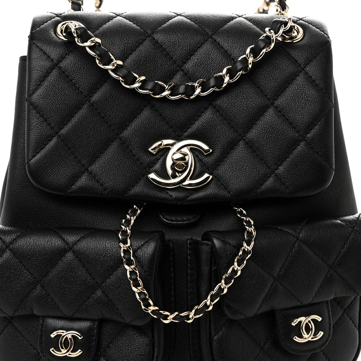 Calfskin Quilted Medium Duma Pockets Drawstring Backpack Black