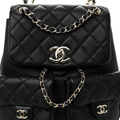 Calfskin Quilted Medium Duma Pockets Drawstring Backpack Black