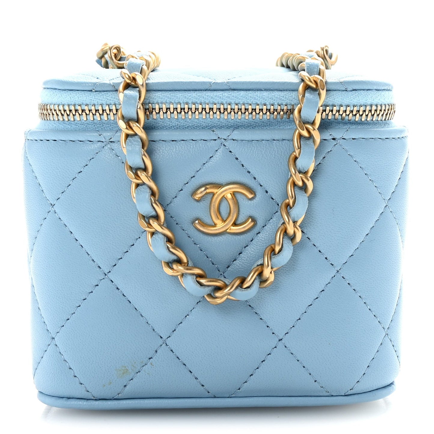 Lambskin Quilted Pearl Crush Mini Vanity Case With Chain Light Blue