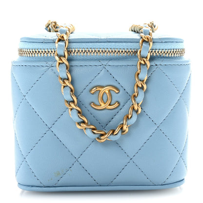Lambskin Quilted Pearl Crush Mini Vanity Case With Chain Light Blue