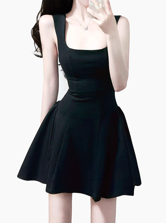 2025 Summer New French Black Dress Square Neck Waist Short Dress R0925